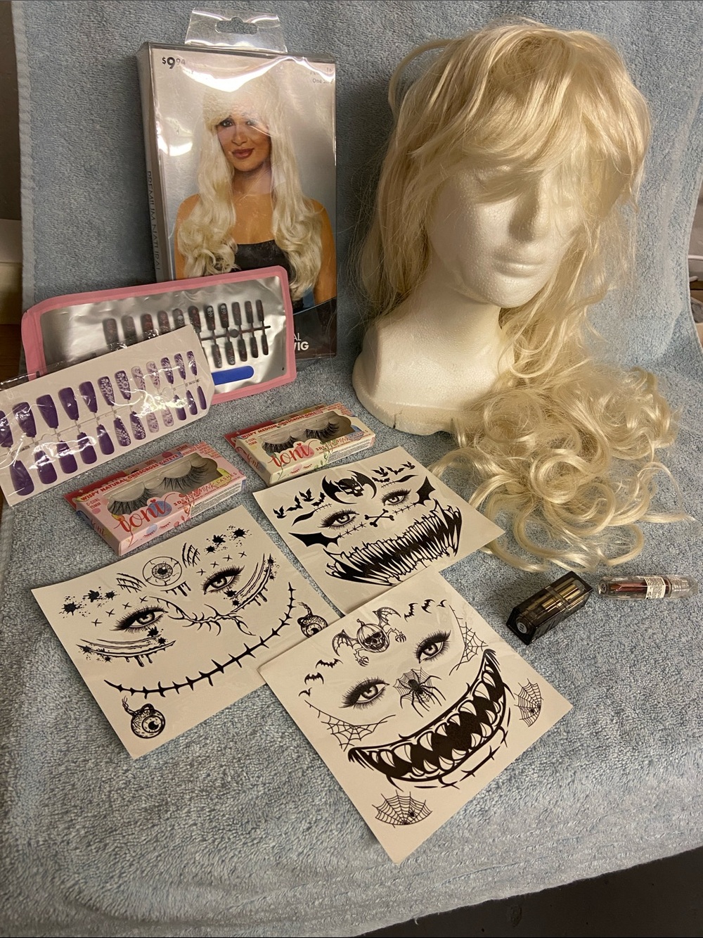 Blonde Fashion Wig with Halloween Makeup Stickers & Lashes - Unbranded